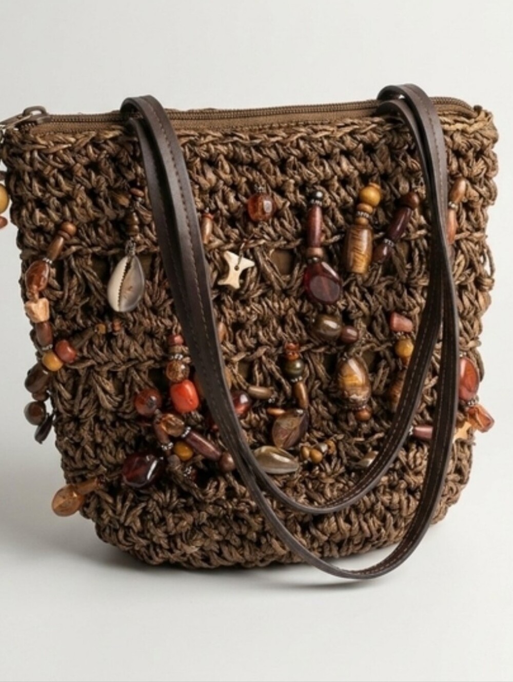 Cappelli Straworld Brown Handwoven Beaded Shoulder Bag Tote